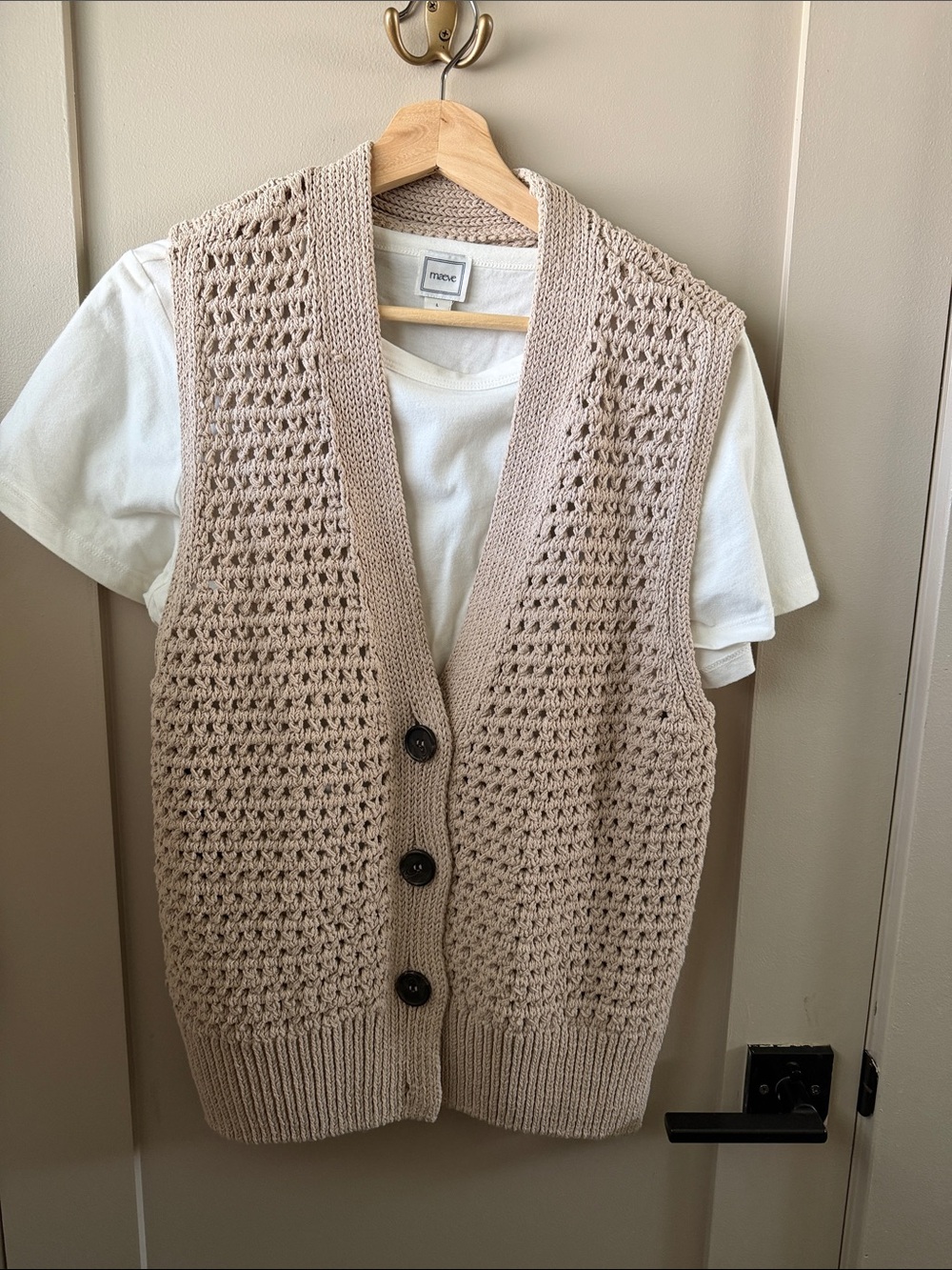 Anthropologie Beige Open-Knit Button Vest
